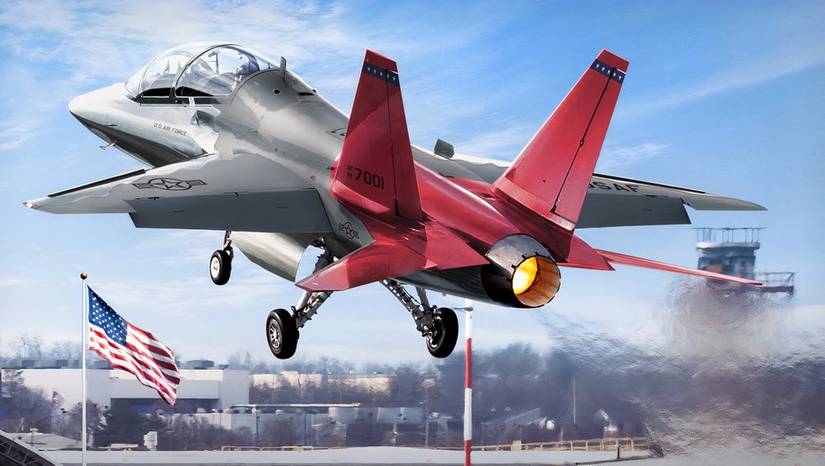 A photo of a T-7 Red Hawk moments after taking-off.