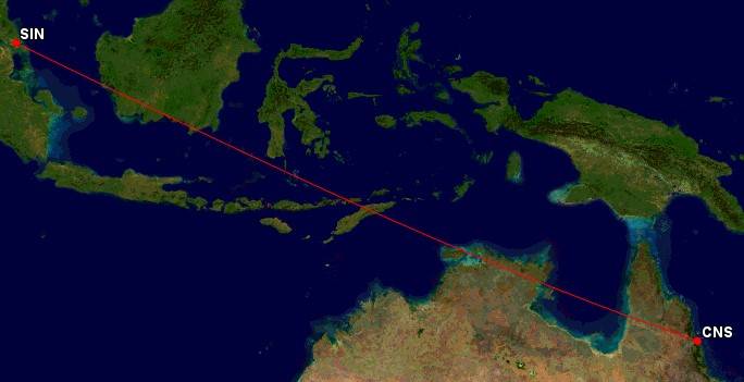 Cairns to Singapore flight map