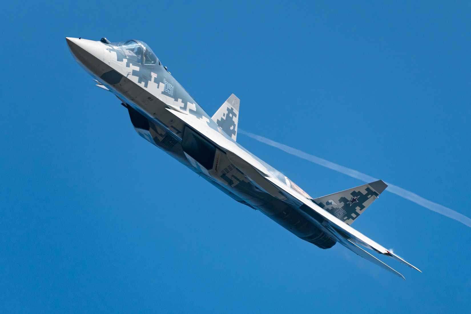 Demonstration of the Sukhoi SU-57 'Felon' stealth fighter jet of the Russian Air Force at MAKS 2019