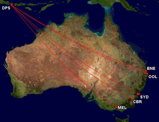 Eastern coast Australian routes to Bali