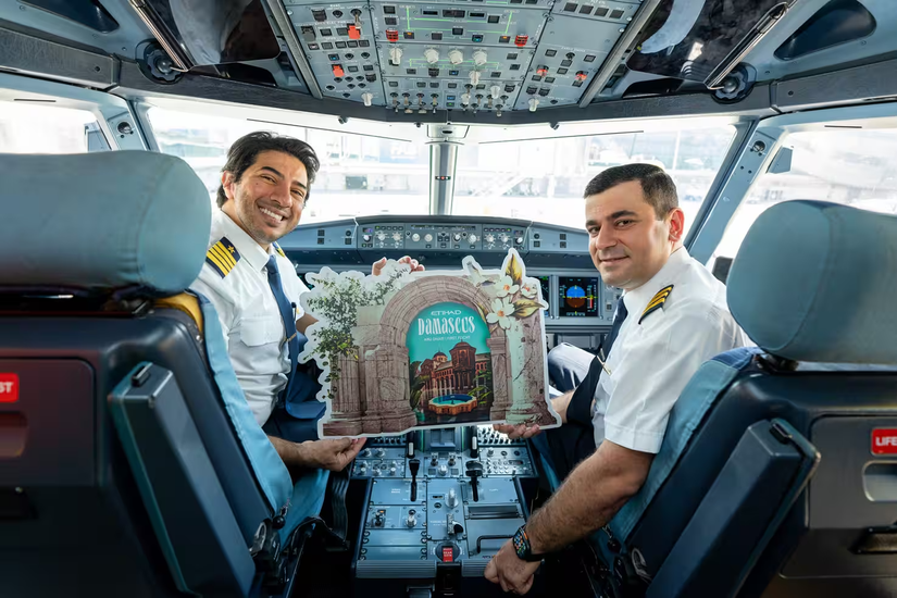 Etihad Airways Pilots In Cockpit With Damascus Sign