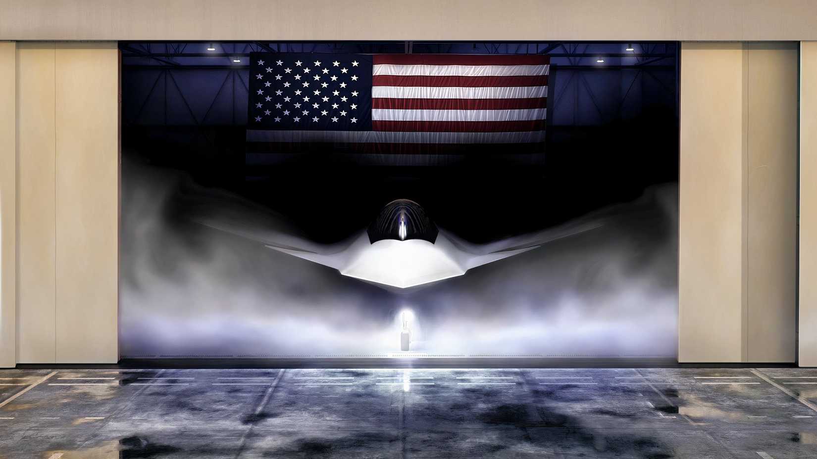 An artistic rendering of an F-47 in a hangar somewhat obscured by steam or mist.