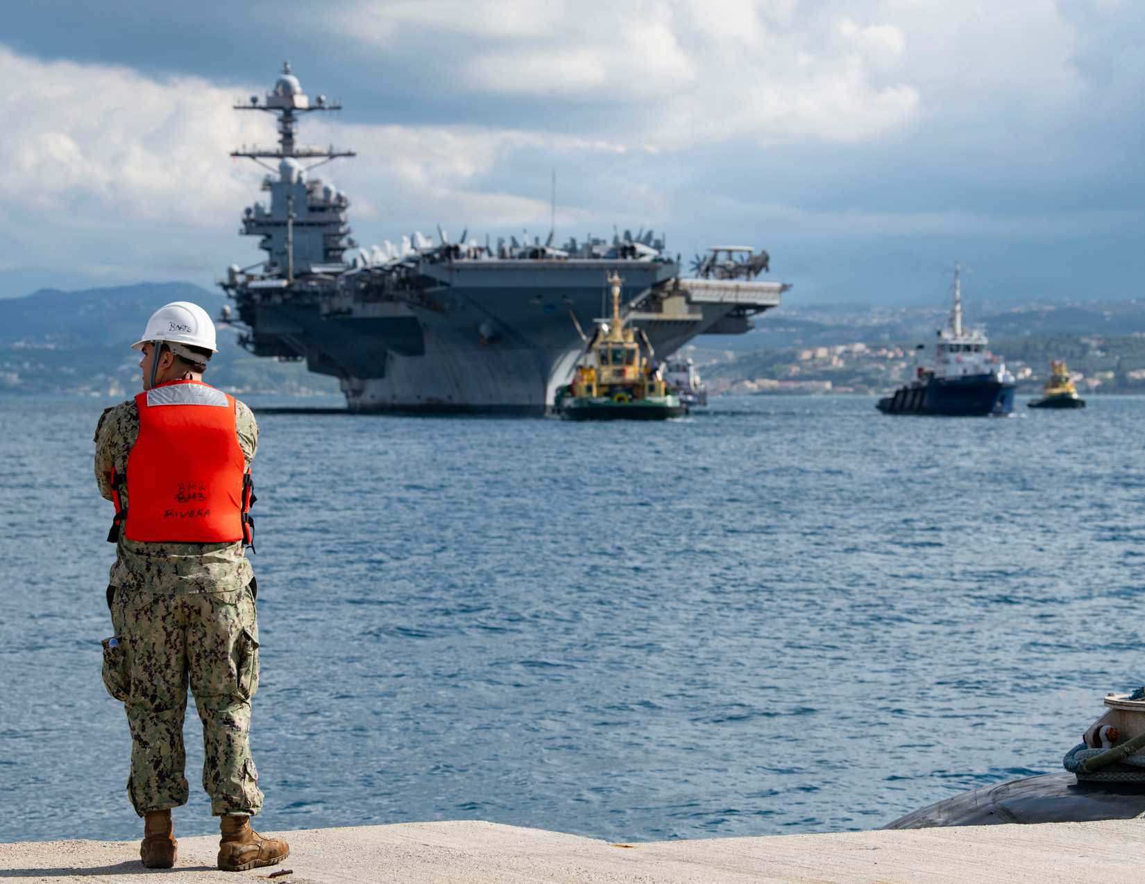Ford-class aircraft carrier USS Gerald R. Ford (CVN 78) at the NATO Marathi Pier Complex in Souda Bay, Greece