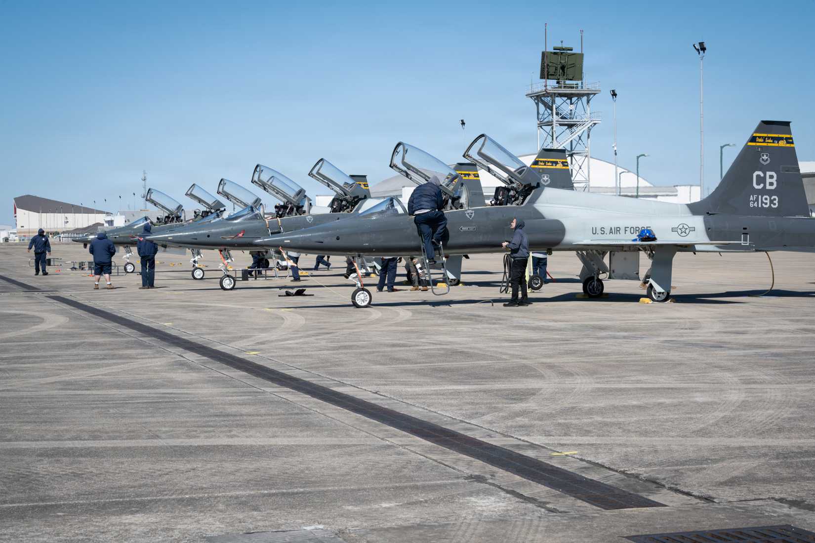 Four U.S. Air Force T-38 Talon aircrafts assigned to the 14th Flying Training Wing, Columbus Air Force Base, arrive on the flightline during exercise Sentry South 26-2, Gulfport, Mississippi, Feb. 22, 2026.