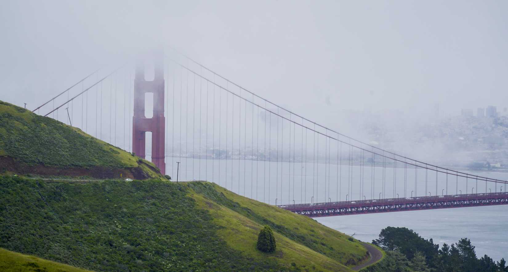 Golden Gate Bridge San Francisco covered by fog.