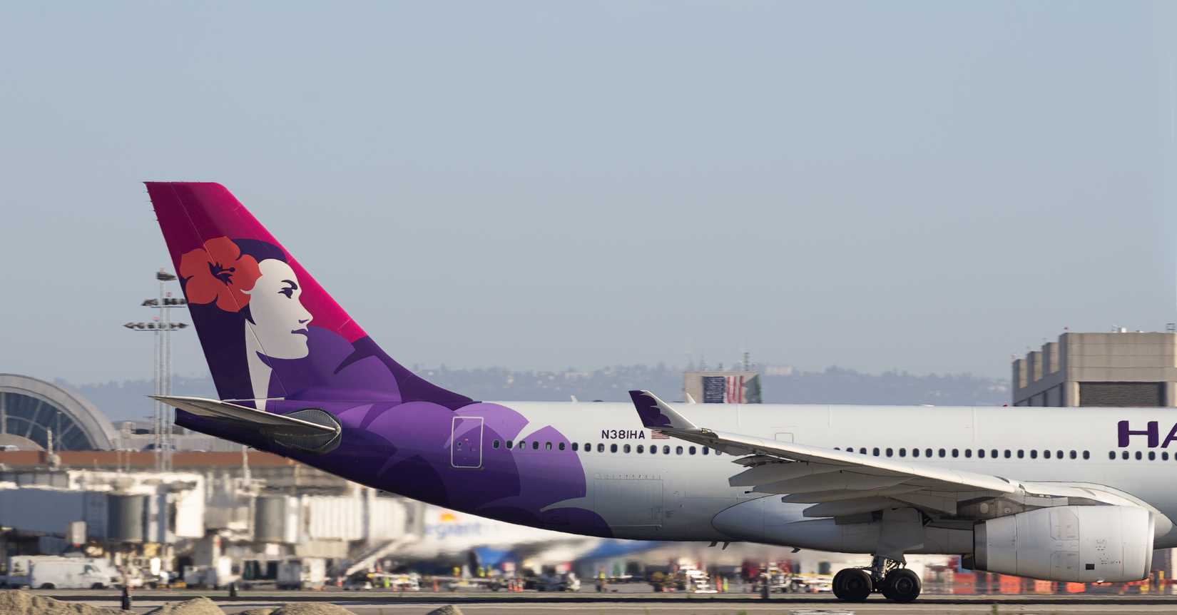 Hawaiian Airlines Airbus A330 with registration number N381HA that has just landed at the Los Angeles International Airport, LAX.