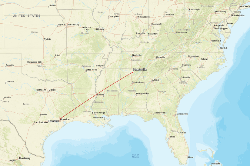 Huntsville Houston Flight Map