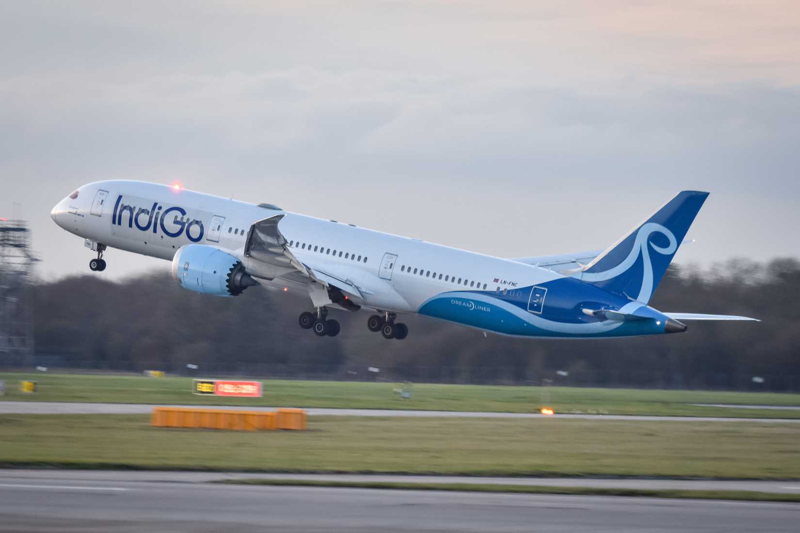 Indigo 787-9 Dreamliner departing Manchester Airport.
