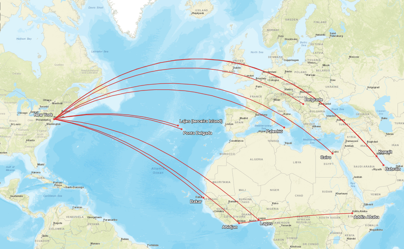 JFK Emptiest Long Haul Routes Map