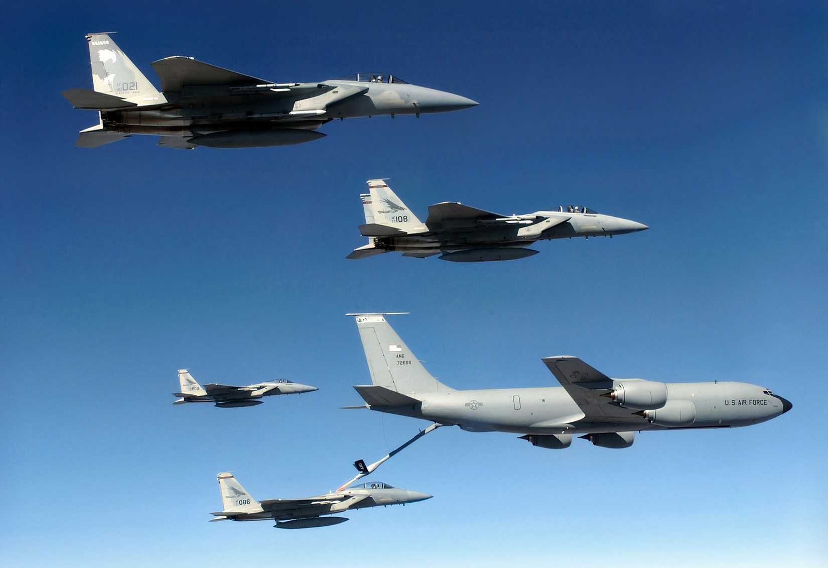 A KC-135 is seen refueling an F-15.