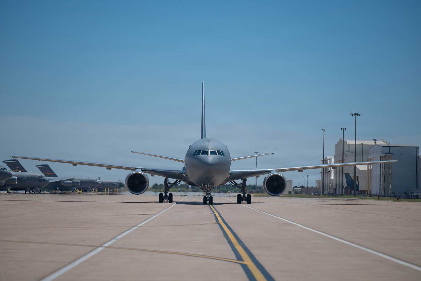 KC-46 Pegasus aircraft taxis on the flight line as U.S. Air Force Col. Adam Rosado, 97th Air Mobility Wing deputy commander completes his final flight at Altus Air Force Base, Oklahoma, May 7, 2026.