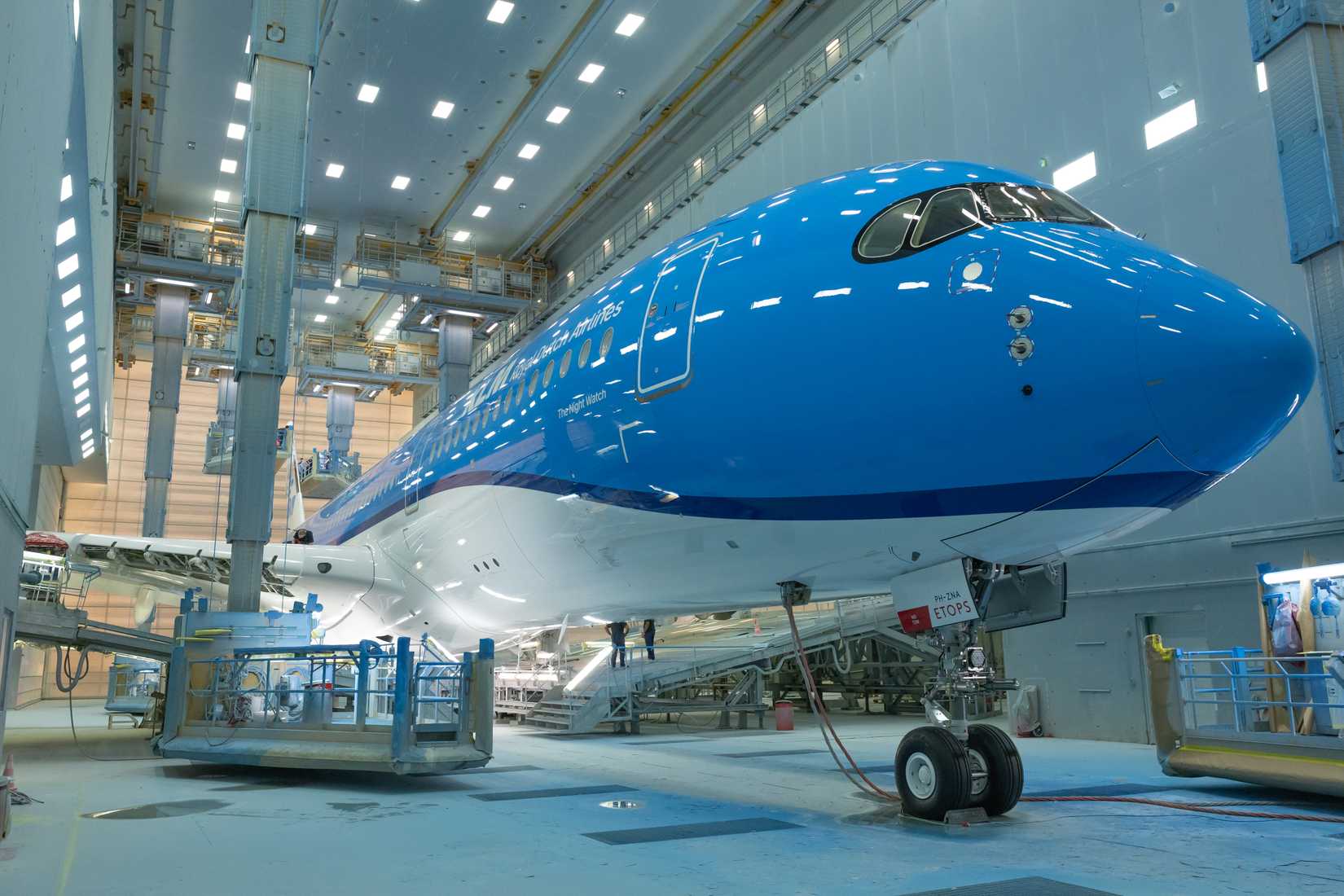 KML's A350 The Night Watch at the Airbus paint shop.