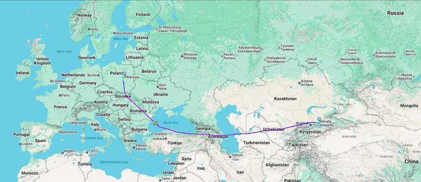 LOT Almaty Warsaw Map