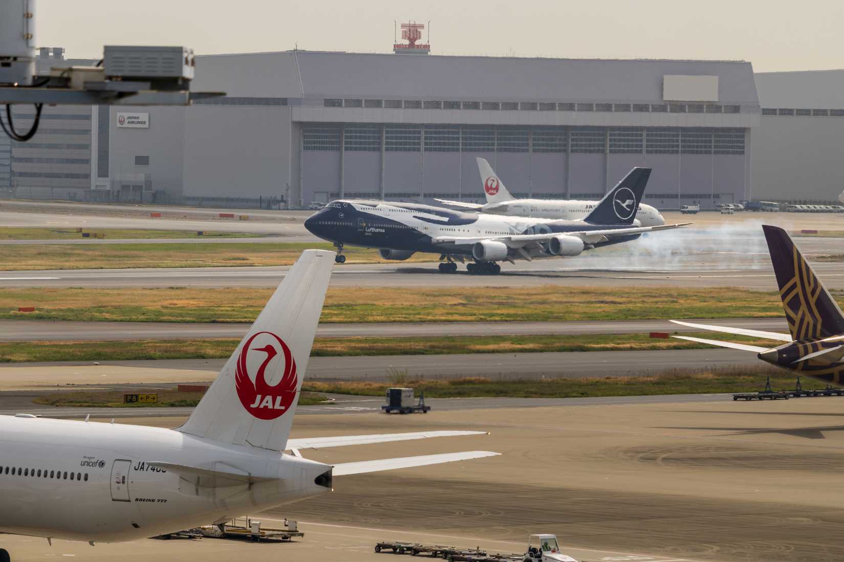 Lufthansa passenger aircraft landing on airport runway Tokyo, Japan.-1