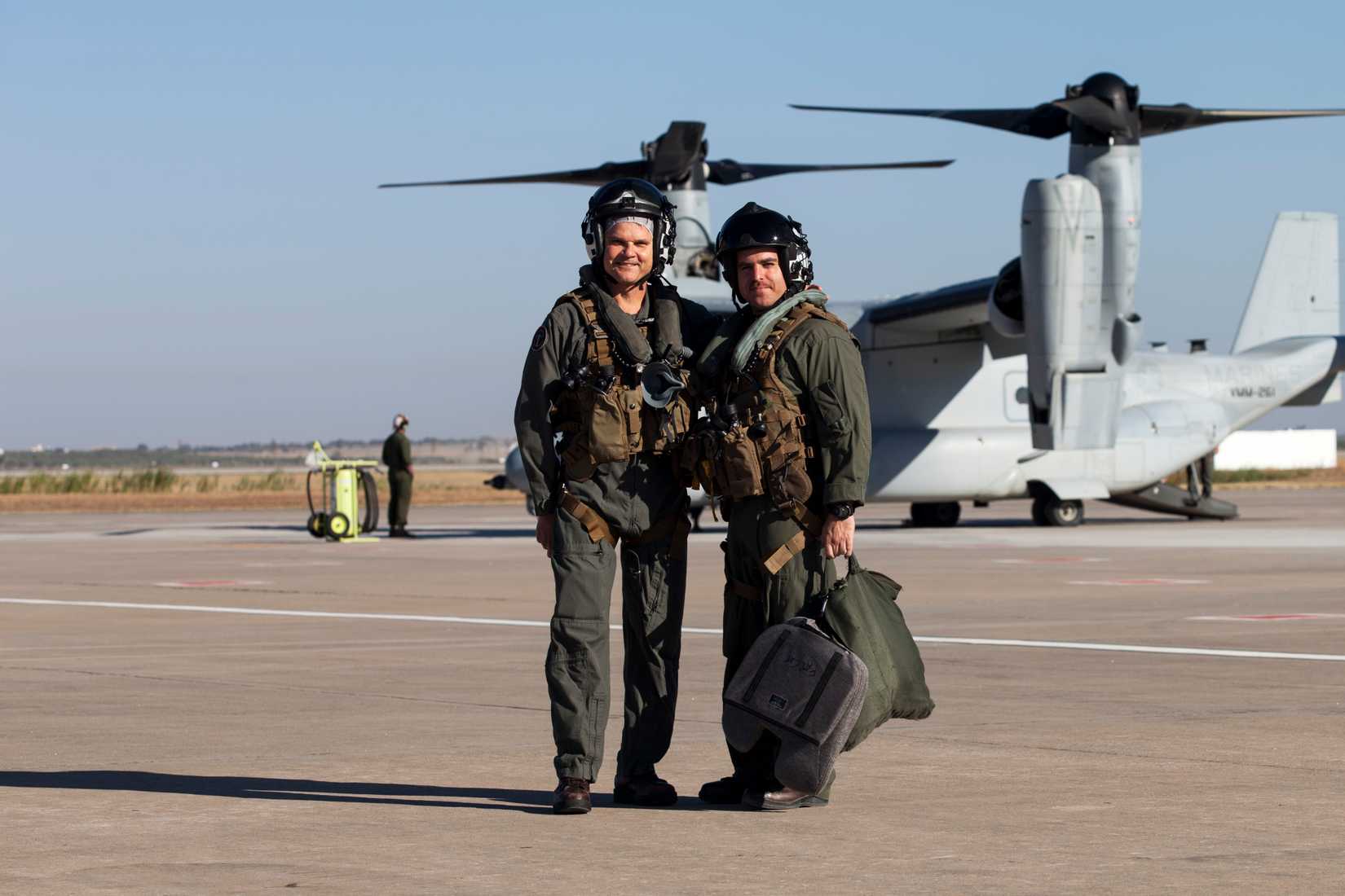 Major Gen. Russell A. Sanborn, left, poses with Maj. Pascal J. Gonzalez, a MV-22B Osprey pilot assigned to Special Purpose Marine Air-Ground Task Force-Crisis Response-Africa