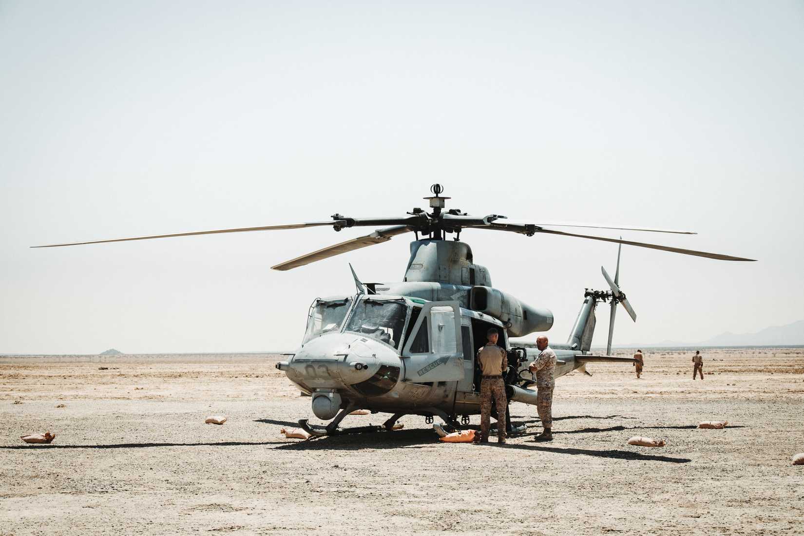 Marine Corps Capt. Nolan Smith , UH-1Y Huey pilot with Marine Light Attack Helicopter Squadron 367 prepares for takeoff during a Forward Arming and Refueling Point.