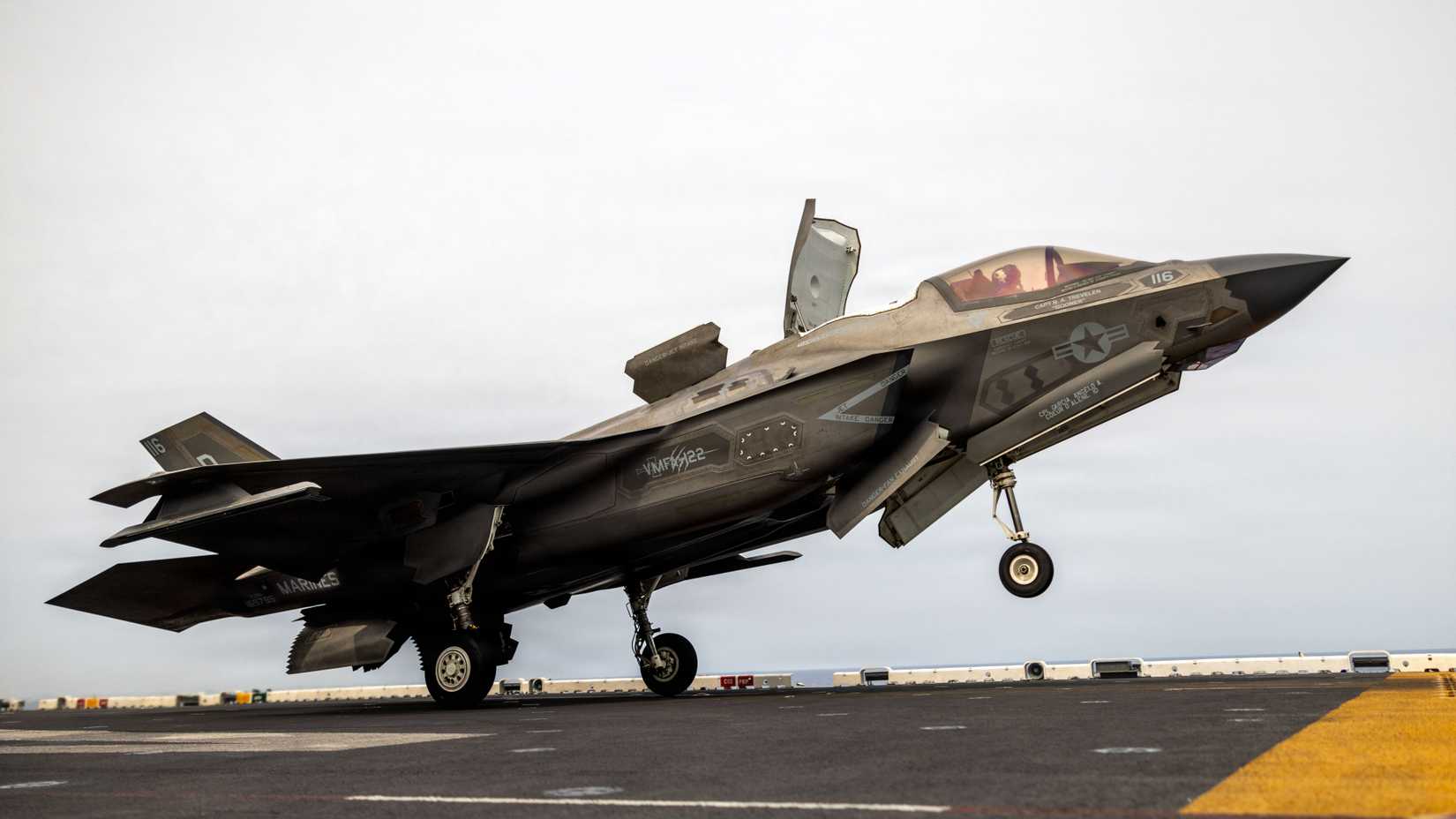 Marine Corps F-35B Lightning II assigned to Marine Fighter Attack Squadron (VMFA) 122, 11th Marine Expeditionary Unit, takes off during flight operations.