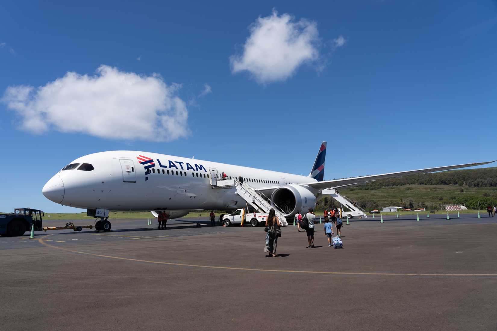 Passengers heading into the LATAM aircraft at Mataveri International Airport on Easter Island, Chile.