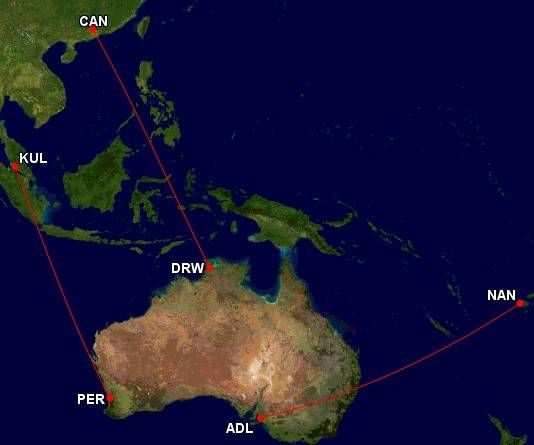 Perth to Kuala Lumpur, Adelaide to Nadi, Darwin to Guangzhou flight map