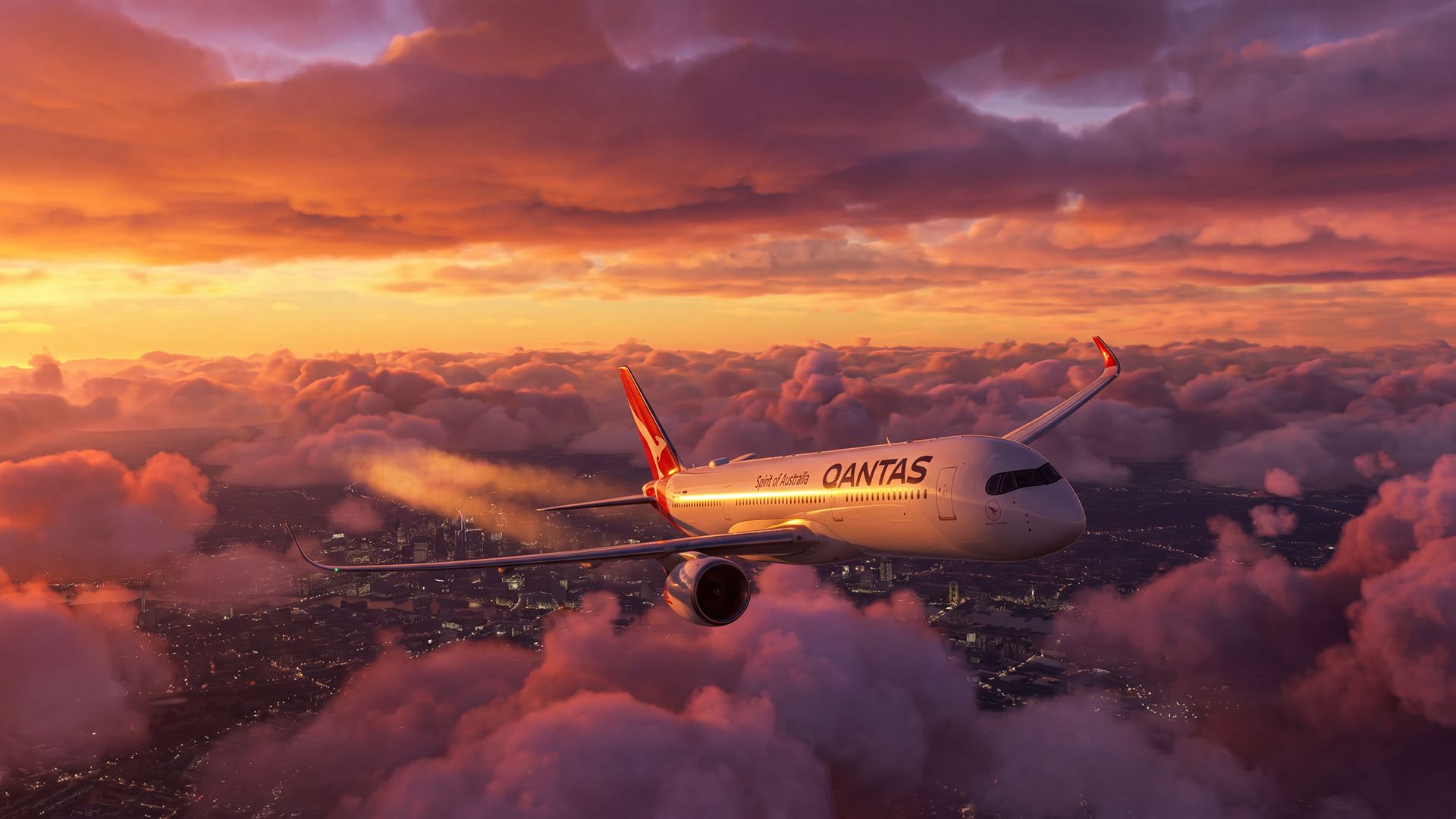 qantas a350-1000ulr flying through the clouds over london rendering