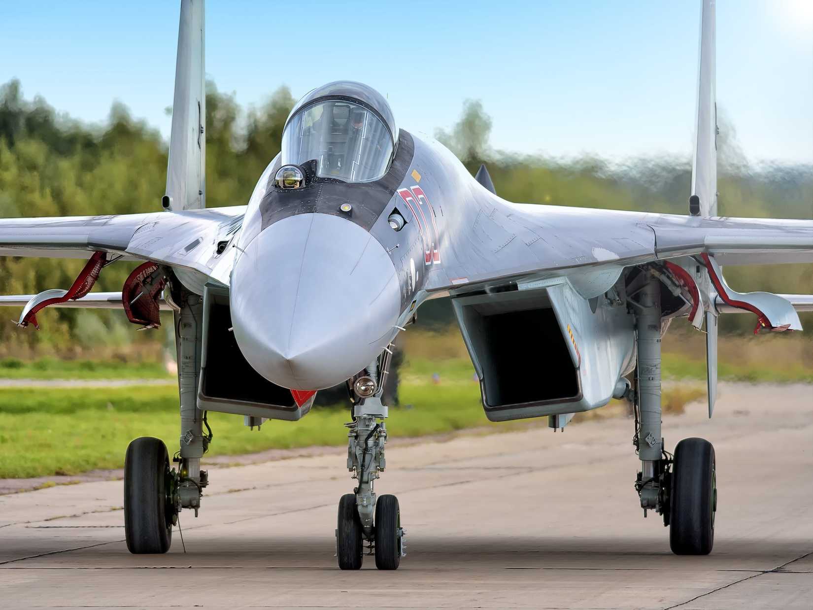 Russian Air Force Sukhoi Su-35 Flanker fighter bomber jet aircraft taxiing