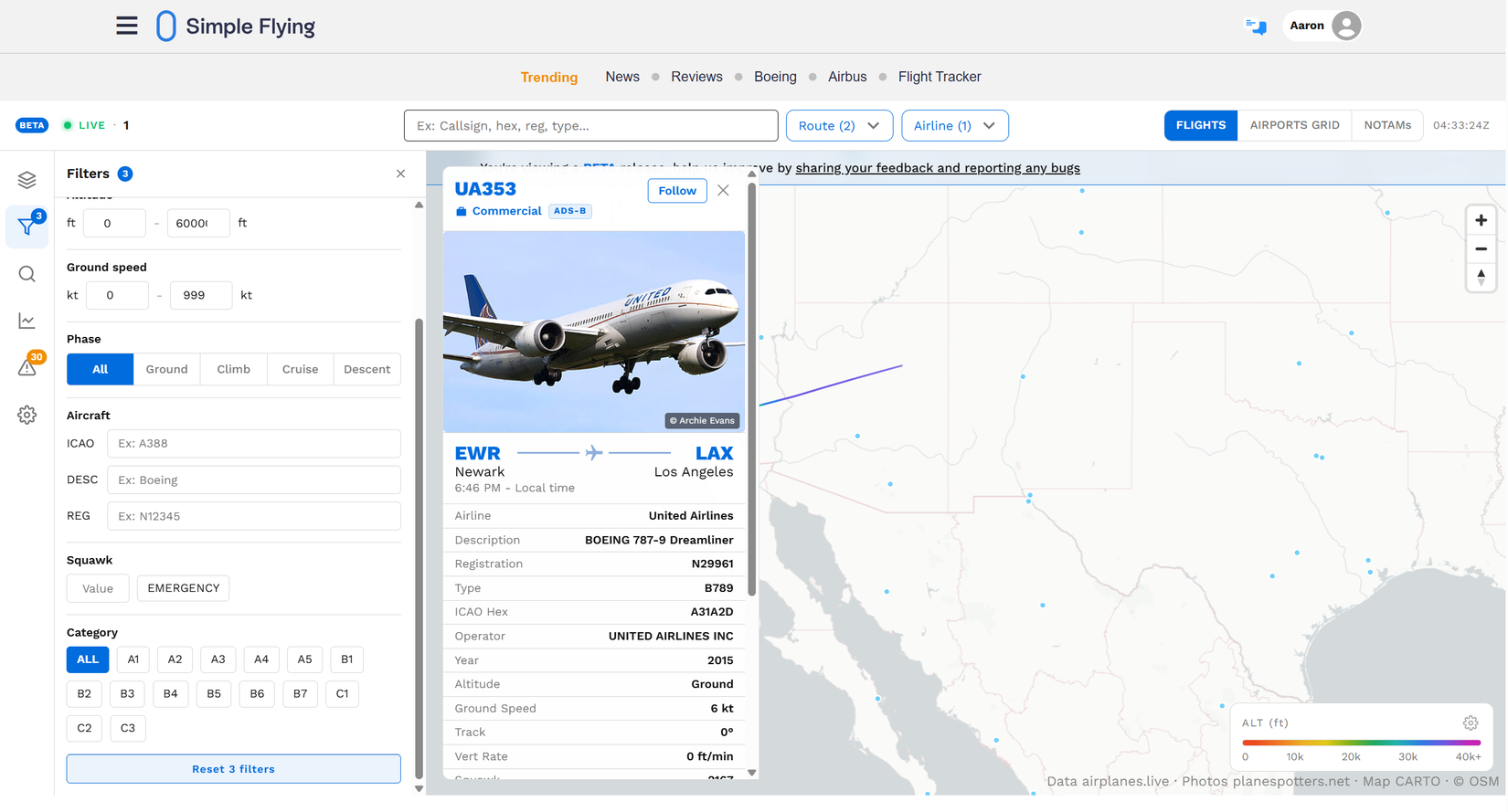 United Airlines Boeing 787 flying from LAX to Newark 