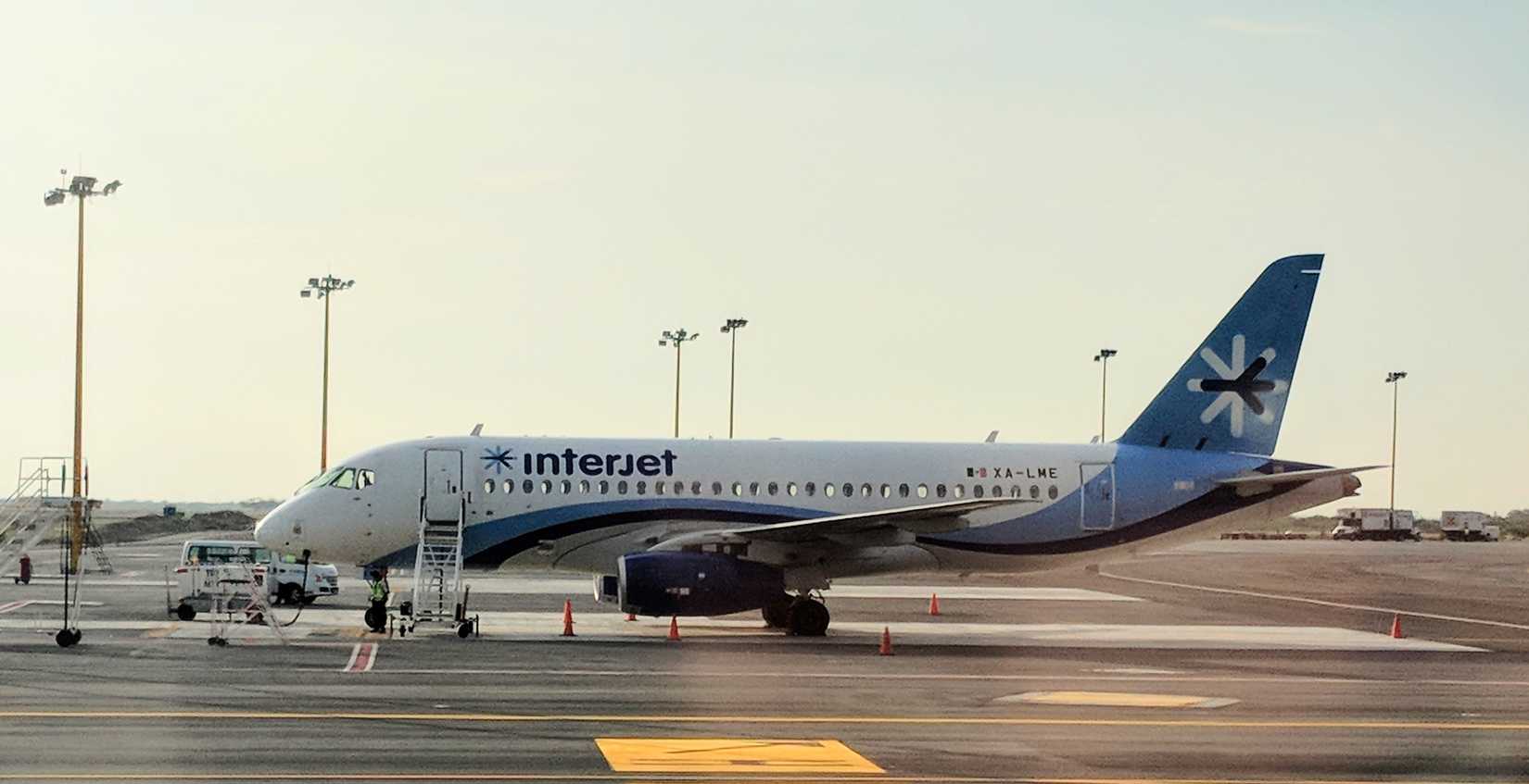 Monterrey, Mexico - April 22, 2018: Interjet owned Sukhoi Superjet 100-95B parked on the tarmac at Monterrey International Airport. 