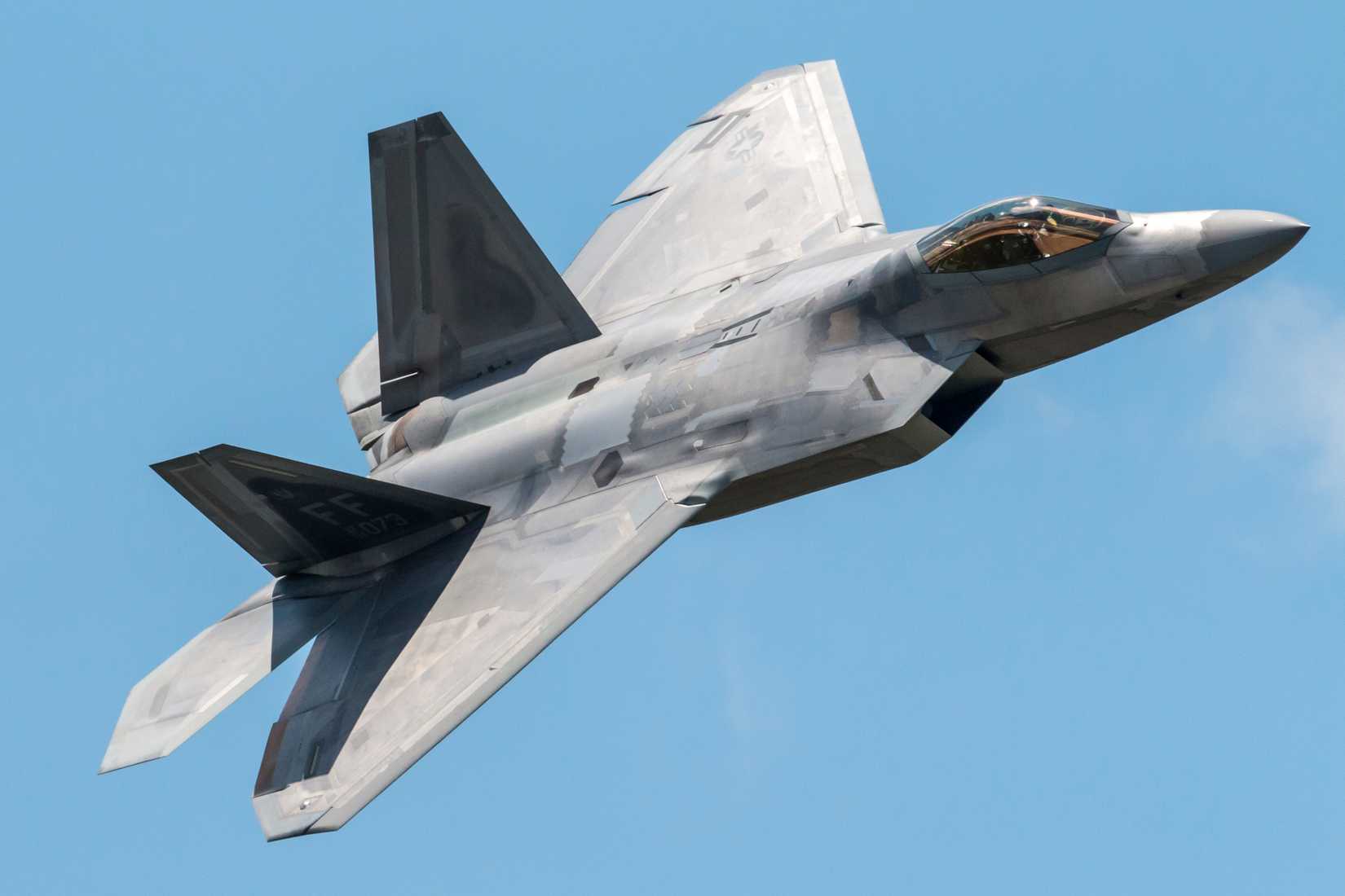 United States Air Force F-22 Raptor performs a demo at the 2018 Vectren Dayton Airshow