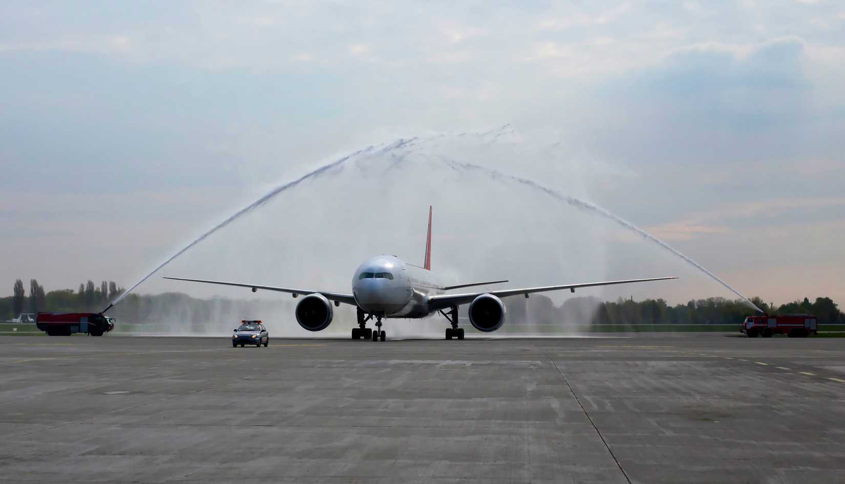  Meeting about arrival of the first flight with water salute in airport. Airport tradition