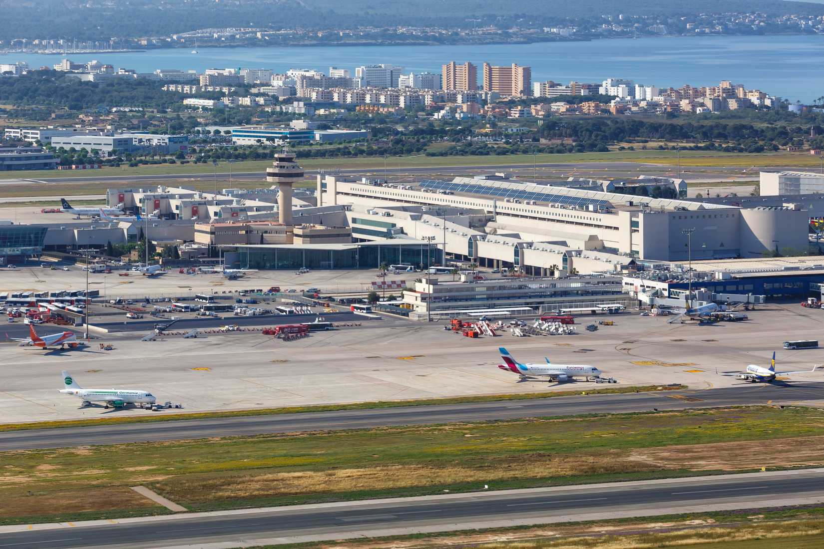 Aerial view of Palma de Mallorca Airport (PMI) in Spain. See less