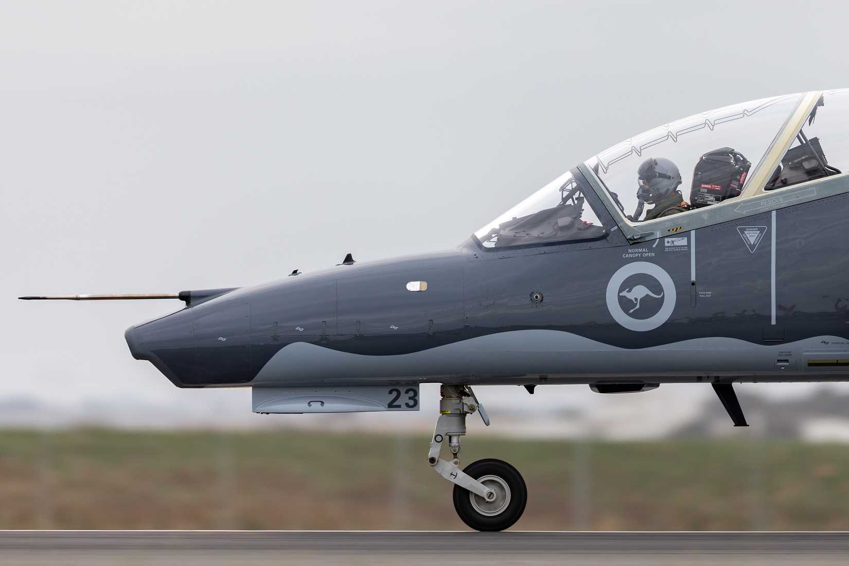 Avalon, Australia - February 27, 2015: Royal Australian Air Force (RAAF) BAE Hawk 127 lead in fighter trainer aircraft A27-23 from 76 Squadron based at RAAF Williamtown.