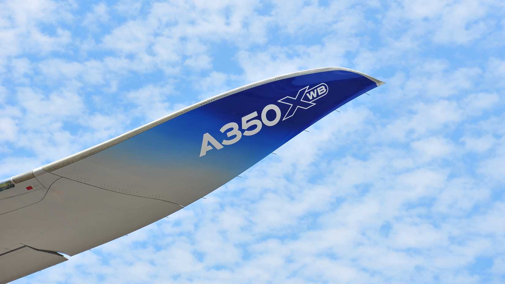 Raked winglet of an Airbus A350-900 aircraft at Singapore Airshow 