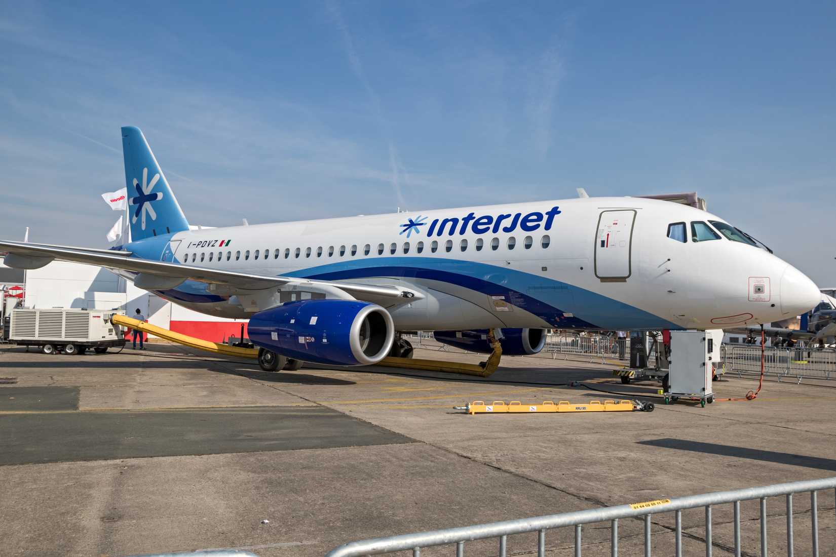 Interjet Sukhoi SSJ100 Superjet passenger plane on display at the Paris Air Show. France