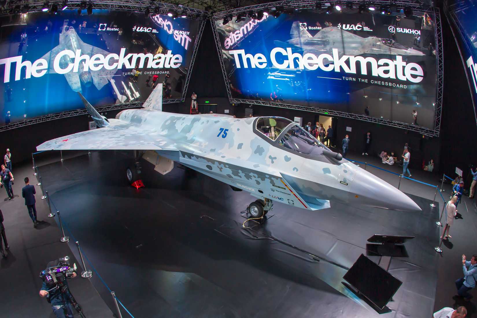 Zhukovsky (Ramenskoe), Moscow Region, Russia - 07.20.2021. Prototype of the new Sukhoi Su-75 fighter. This full-size model was presented at the MAKS-2021 air show.