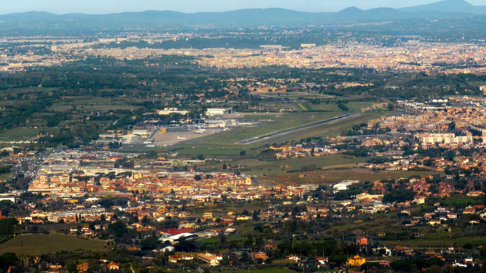 Aerial view of Ciampino civil airport. It is located near Rome, Italy, and is the second airport of the Italian capital.