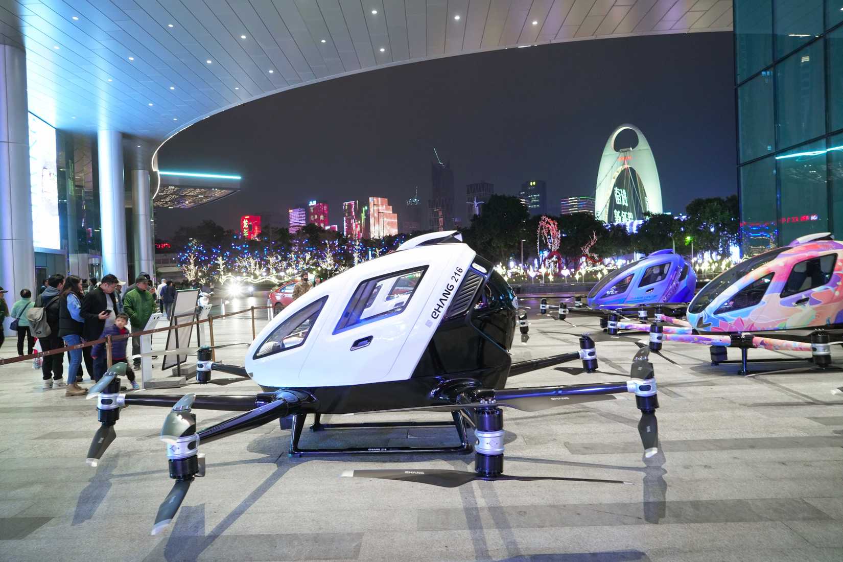 Guangzhou, China - February 24, 2024 : Drones capable of carrying people (UAVs), or as they are also called air taxis.