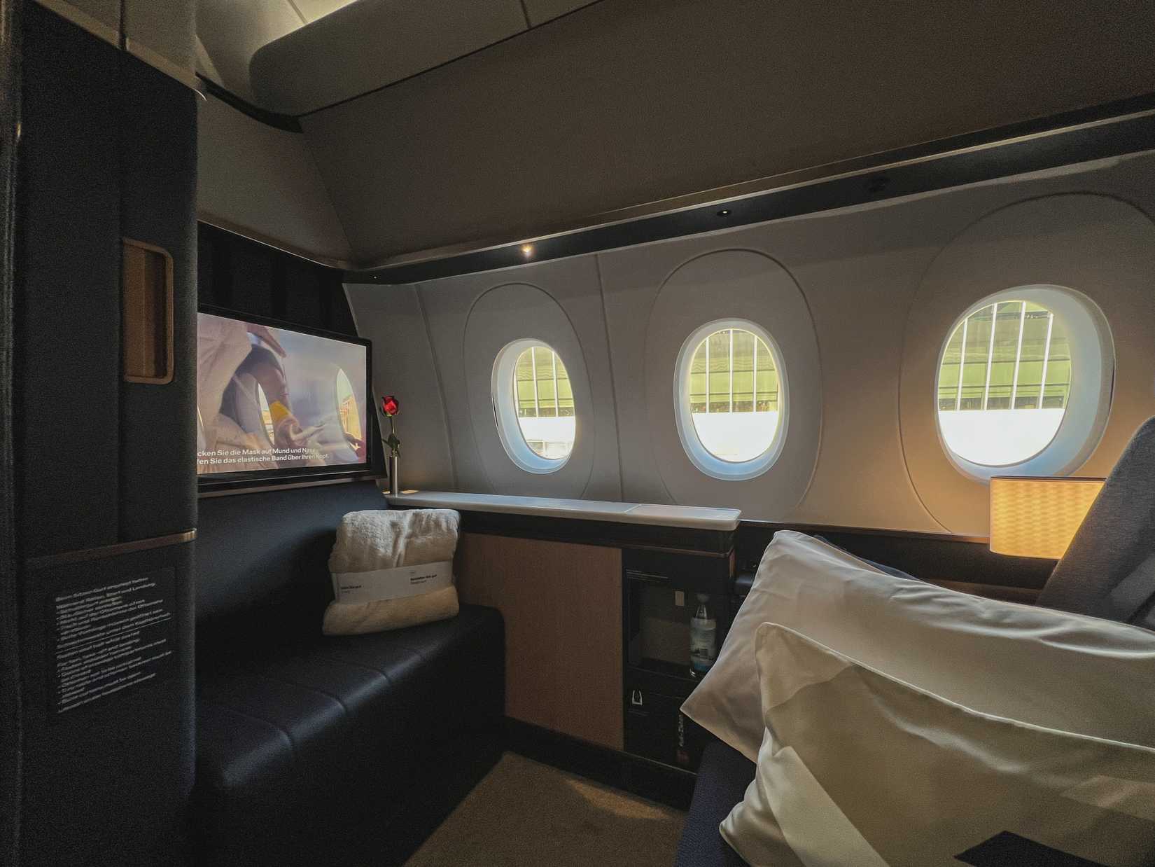 New Lufthansa Allegris First Class outboard fully enclosed Suite with floor to ceiling privacy dividers before Boarding onboard Airbus A350 at JFK Airport taken on 12 March 2025
