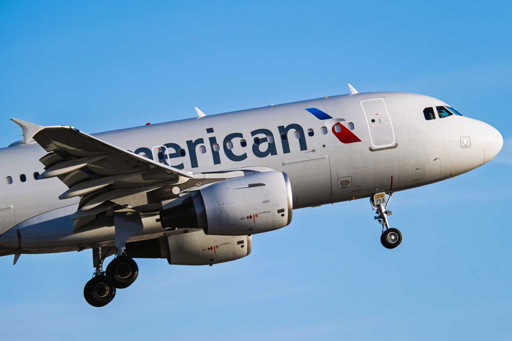 American Airlines Airbus A320 closeup during takeoff