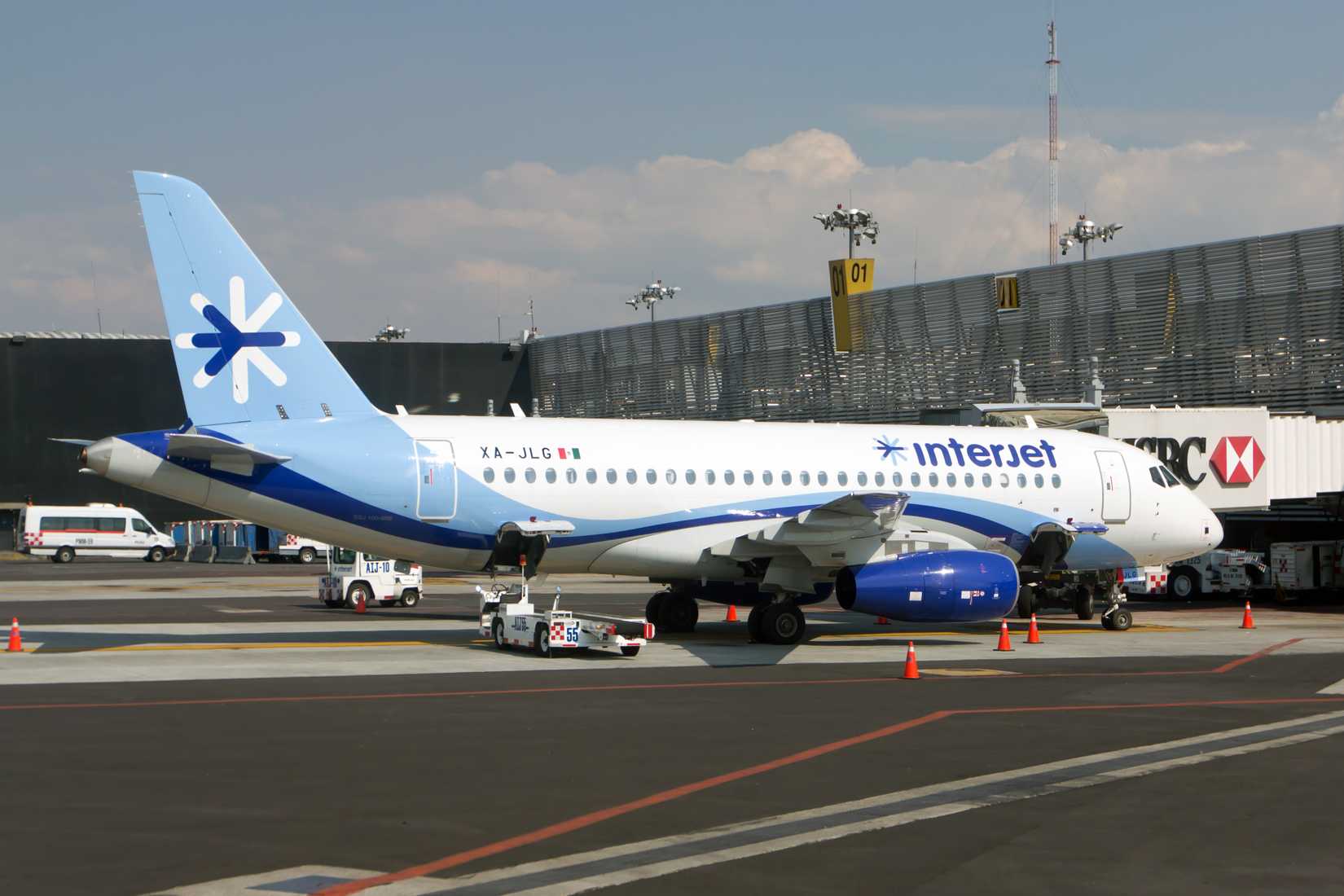 Passenger regional aircraft Sukhoi Superjet 100 (SSJ100) of Interjet Airlines before flight.