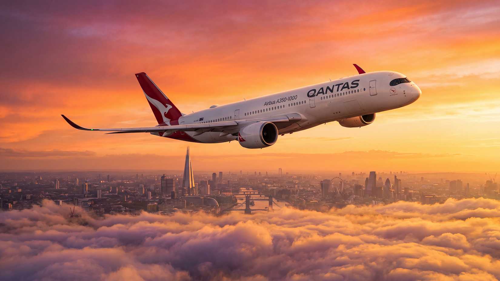 qantas airbus a350-1000ulr over london rendering