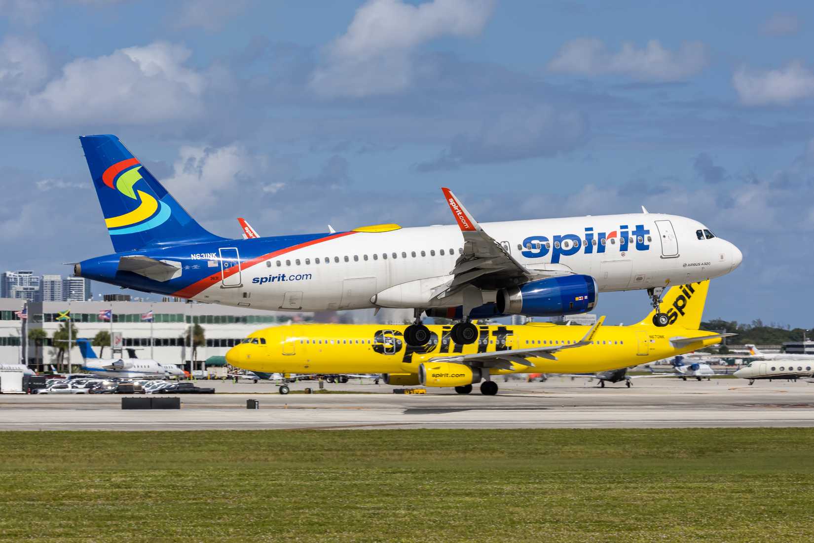 Spirit Airlines Airbus A320 airplanes at Fort Lauderdale airport in the United States.