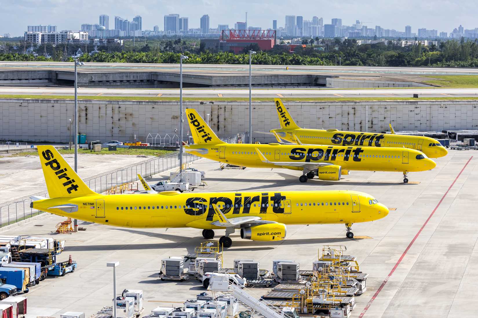 Spirit Airlines Airbus A321 airplanes at Fort Lauderdale airport in the United States.