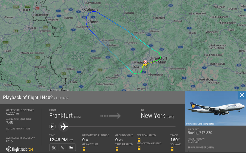 The flight path of LH402 after diverting, RTB