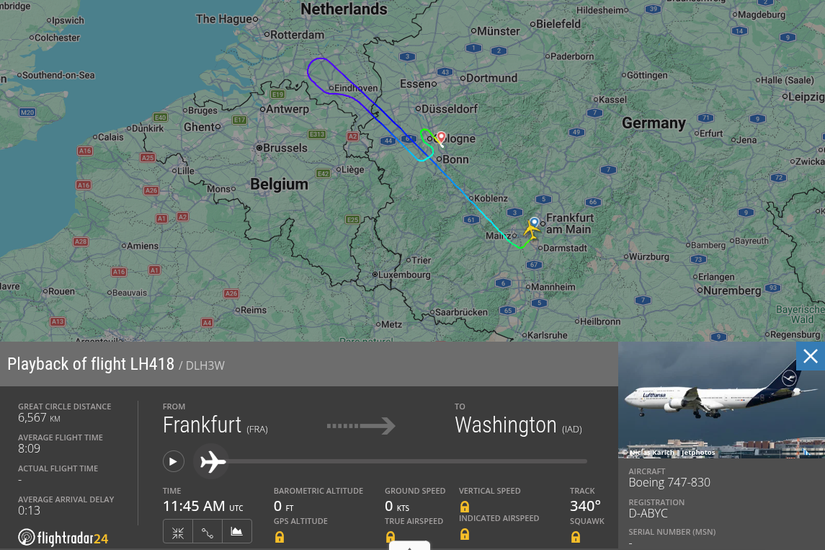 The flight path of LH418 after diverting to CGN