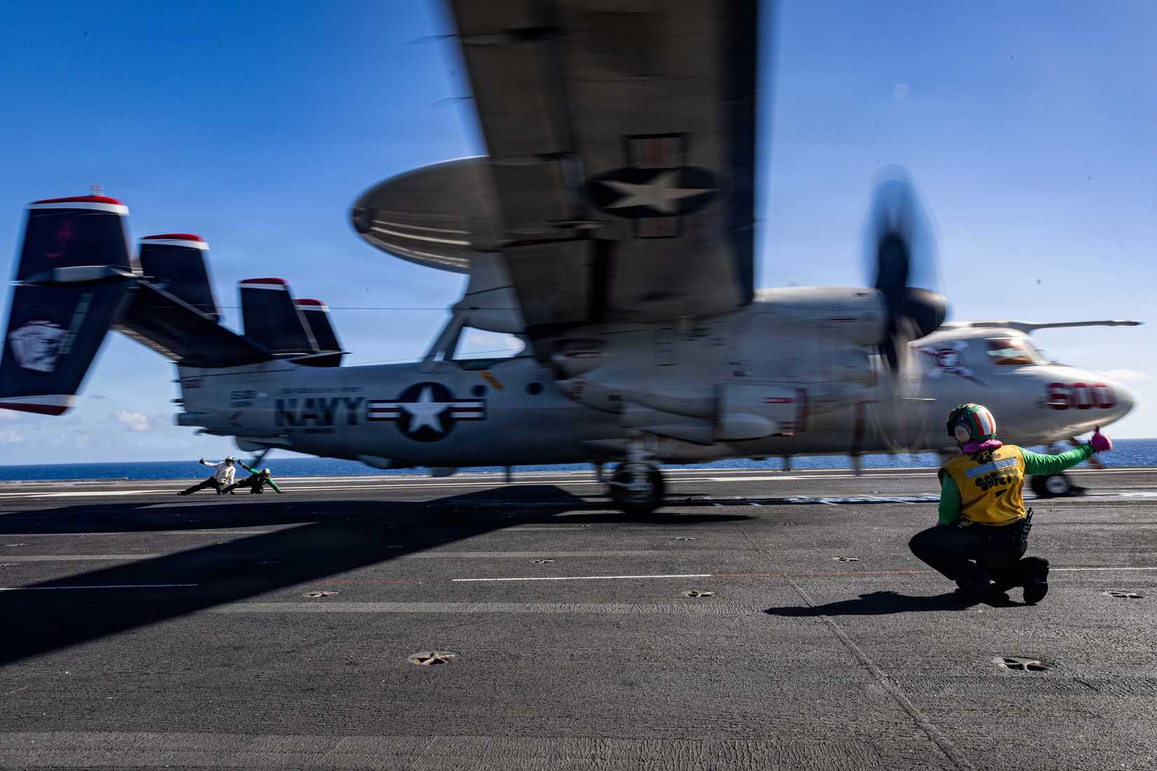 The launch of an E-2D Hawkeye aircraft, from USS Gerald R. Ford (CVN 78),