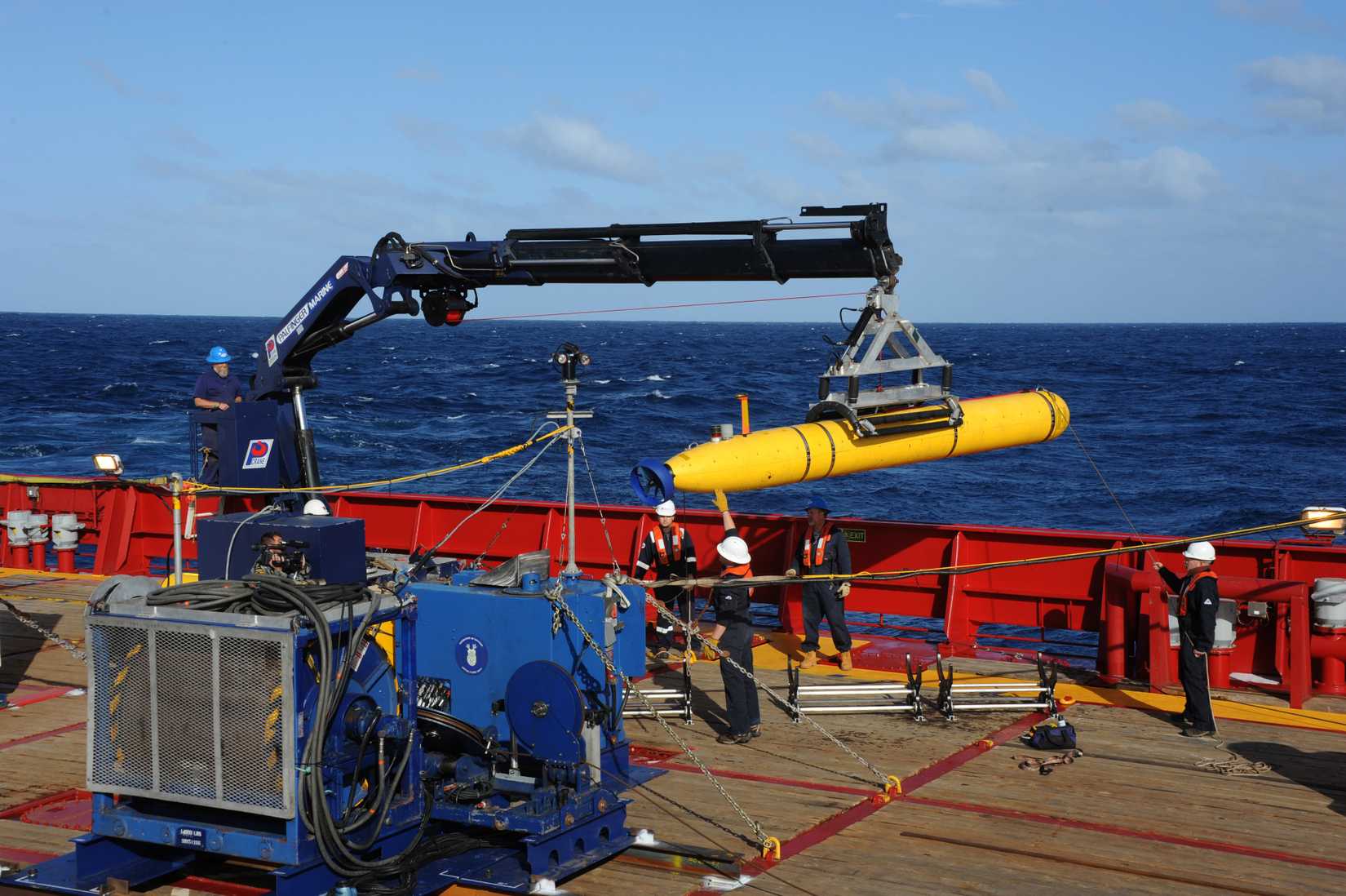 INDIAN OCEAN (April 1, 2014) The Bluefin 21 Artemis autonomous underwater vehicle (AUV) is hoisted back on board the Australian navy vessel Ocean Shield after successful buoyancy testing. Joint Task Force 658 is supporting Operation Southern Indian Ocean, searching for the missing Malaysia Airlines Boeing 777. (U.S. Navy photo by Mass Communication Specialist 1st Class Peter D. Blair/Released)