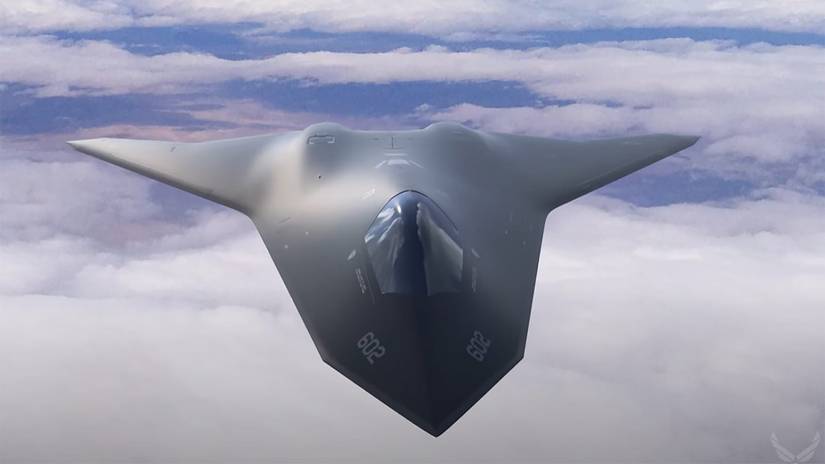 This is a rendering of a future crewed next-generation air dominance aircraft by the U.S. Air Force Research Laboratory.
