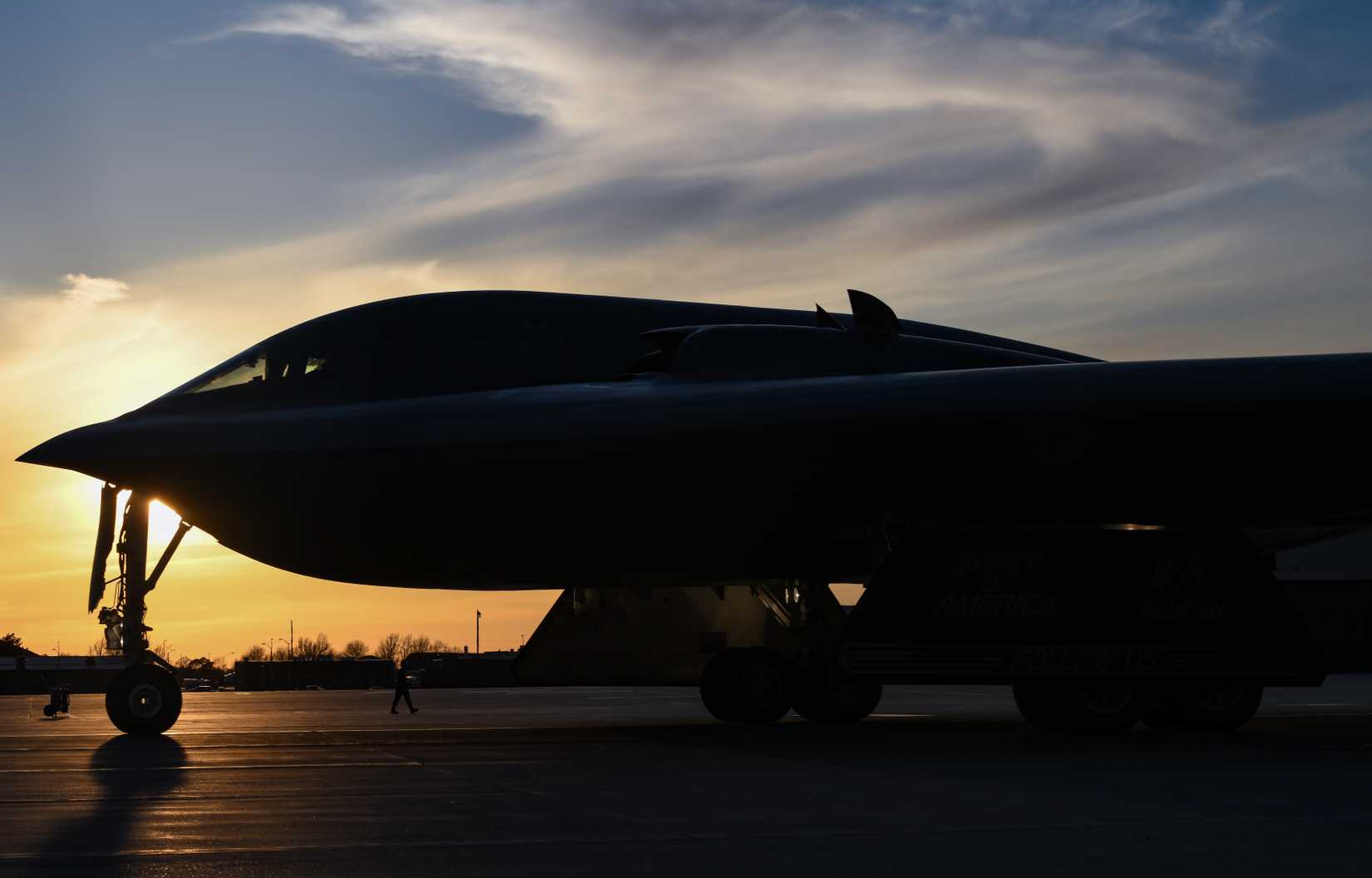 Three B-2 Spirit stealth bombers assigned to the 509th Bomb Wing, take off.