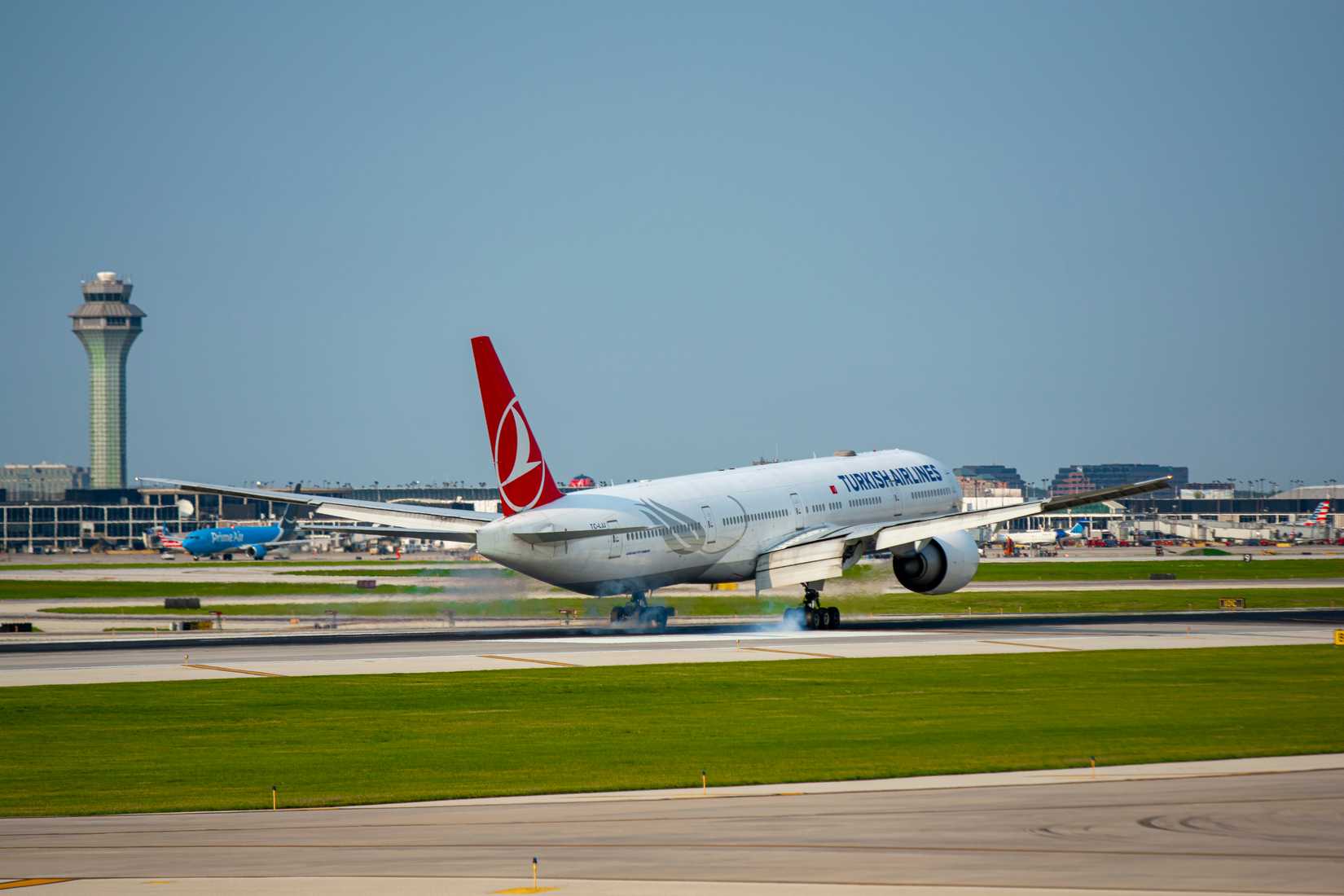 Turkish Airlines Boeing 777-300ER landing at Chicago O'Hare International Airport.