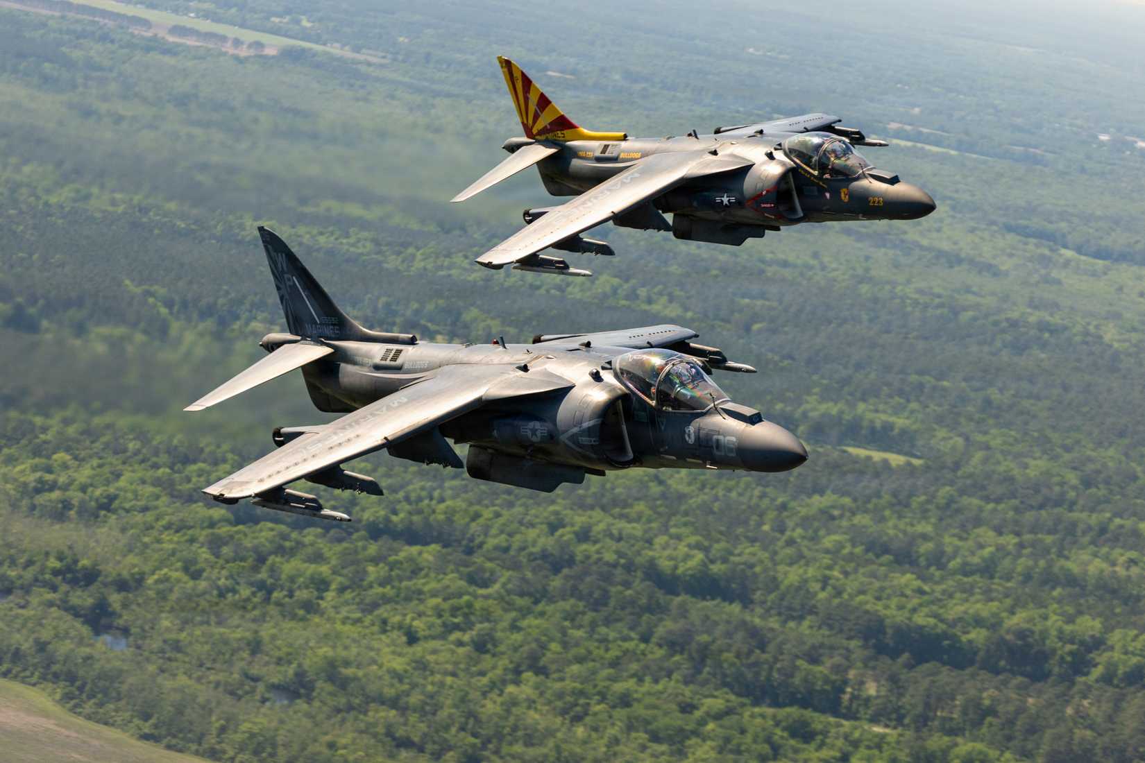 U.S. Marine Corps AV-8B Harrier II aircraft with Marine Attack Squadron (VMA) 223, Marine Aircraft Group 14, 2nd Marine Aircraft Wing.